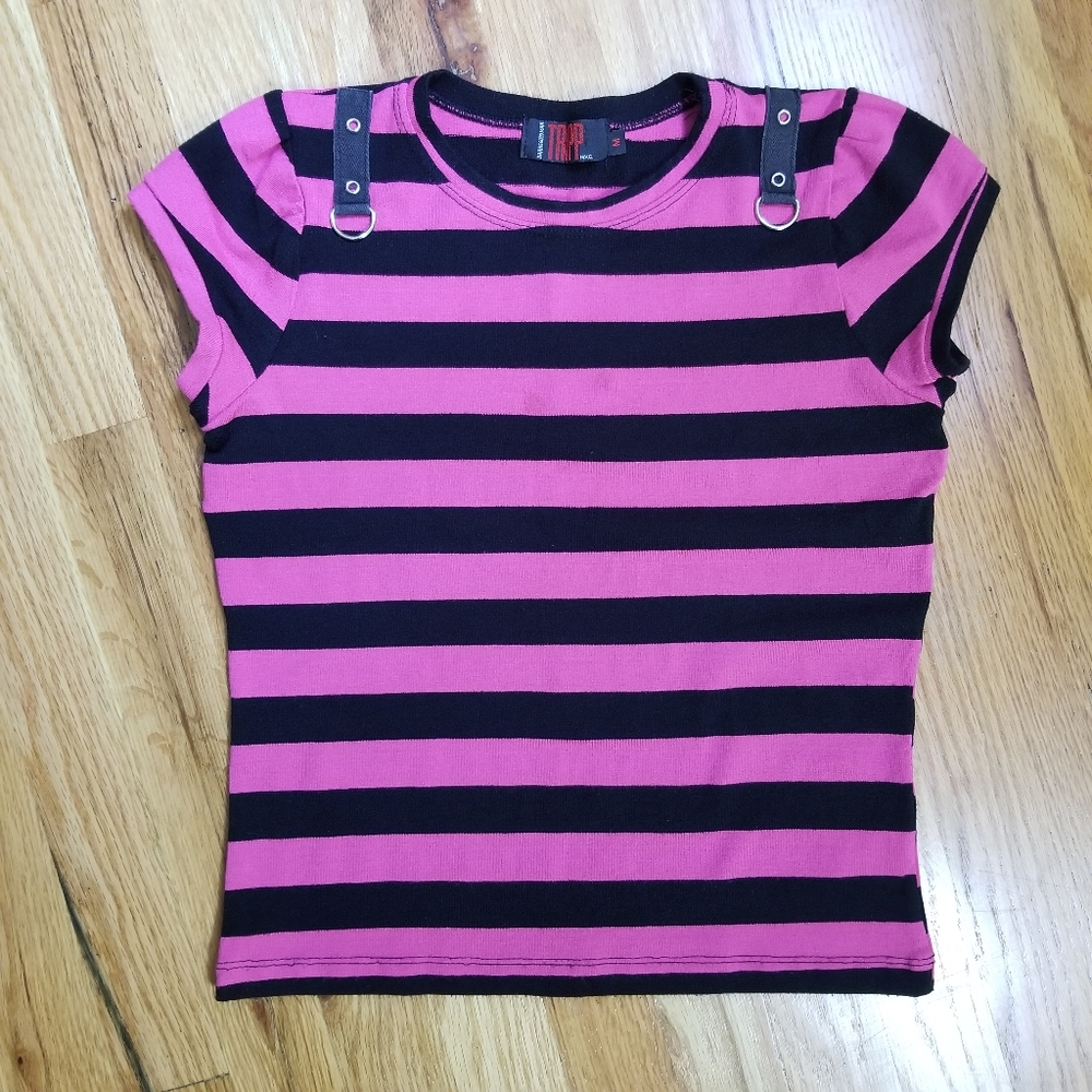Y2K Tripp NYC Pink Black Striped Baby Tee